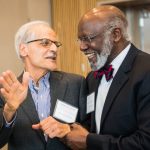 Honorees Ahmed Ghoniem (left) and Wesley Harris enjoy the Committed to Caring celebration on April 11.