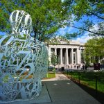 The Alchemist sculpture in front of the Stratton Student Center at MIT.