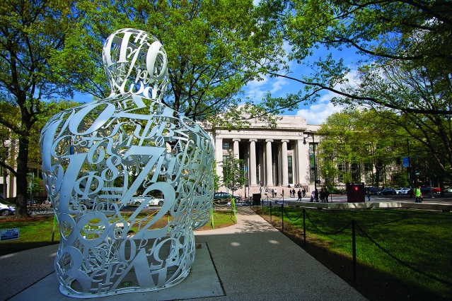 The Alchemist sculpture in front of the Stratton Student Center at MIT.