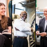 Left to right: MIT faculty members Anna Frebel, Wesley Harris, and Harry Tuller are recognized as “Committed to Caring.”