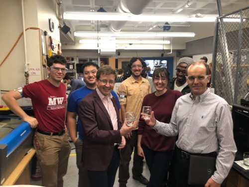 Students make engraved glasses with Professors Pierre Lermusiaux and Gareth McKinley at MakerWorkshop Faculty Fab Friday.