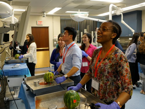 Students practice arthroscopic surgery on a watermelon in clinical simulations lab. 