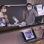 Professors Rohit Karnik (left), associate department head for education in mechanical engineering, and Ken Kamrin test the setup for recording remote lectures in class 2.001 (Mechanics and Materials I). Credits:Photo: John Freidah and Andrea Lehn